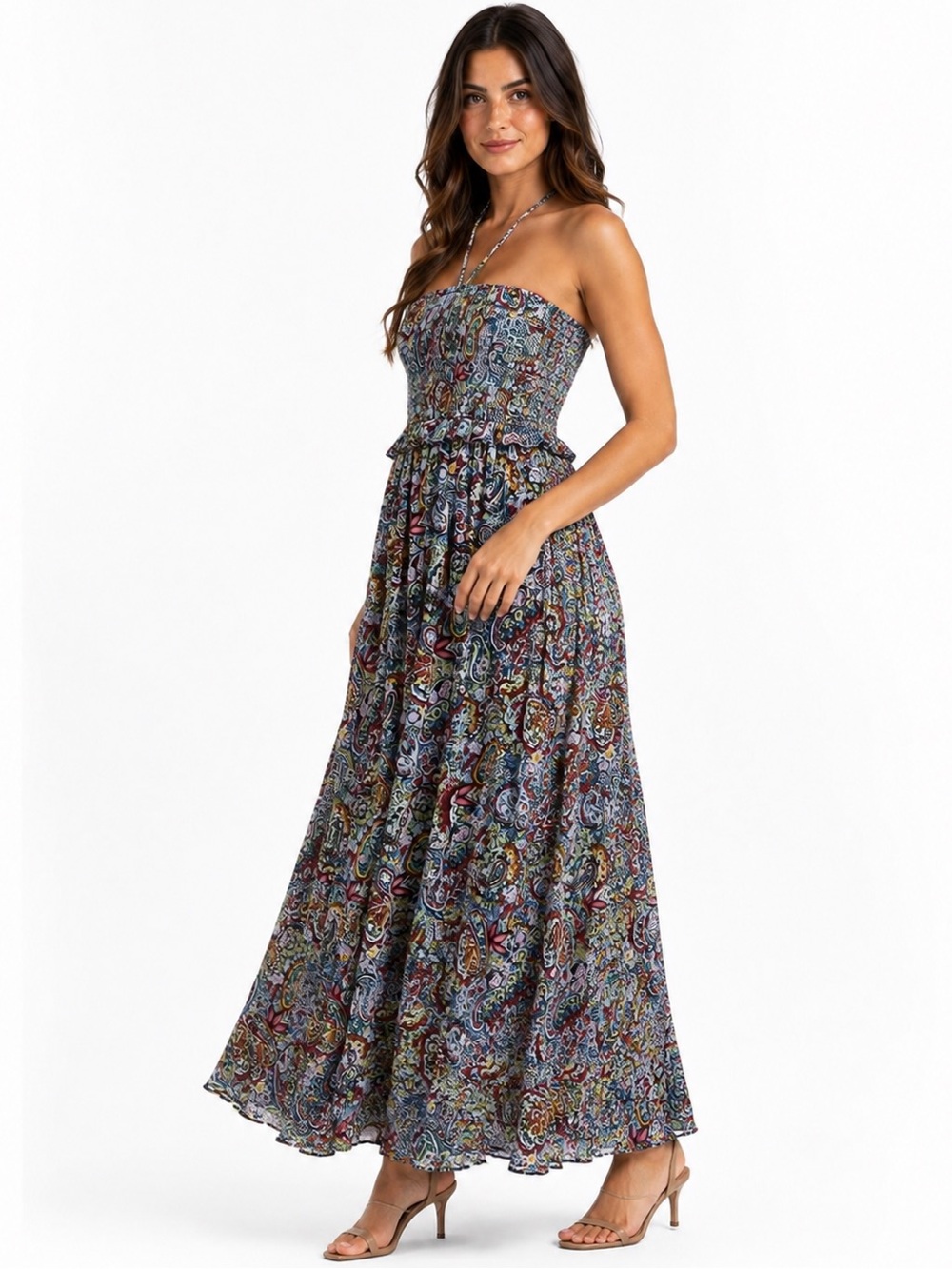 AQUA Metallic Paisley Midi Dress XS Smocked Ruffle Halter Tie Back Tassel NWT